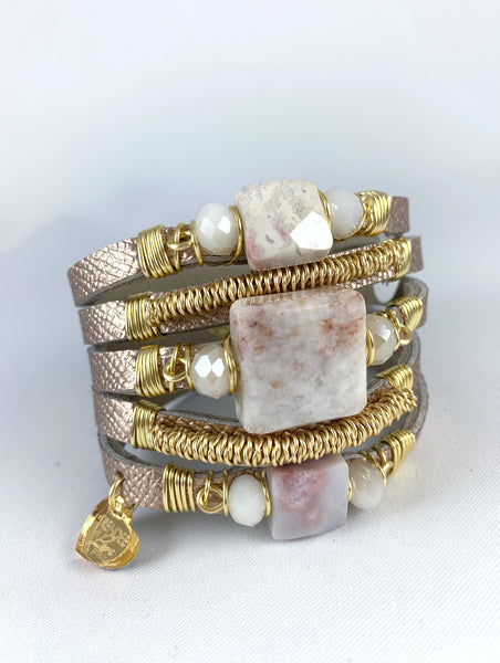 Maxi Cuff Leather / Rose Gold / Pink Marbled Jasper