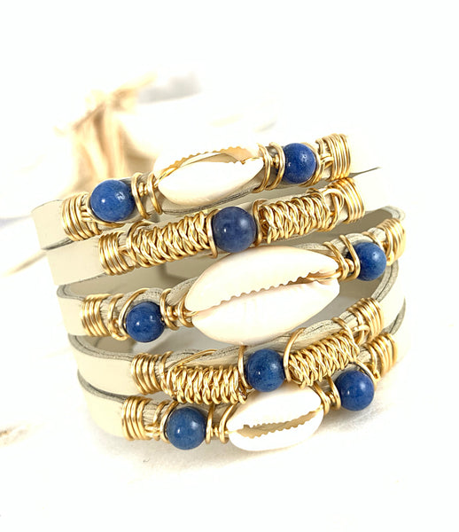 Maxi Cuff Leather / Cowrie Shell - Blue/ Gold Plated