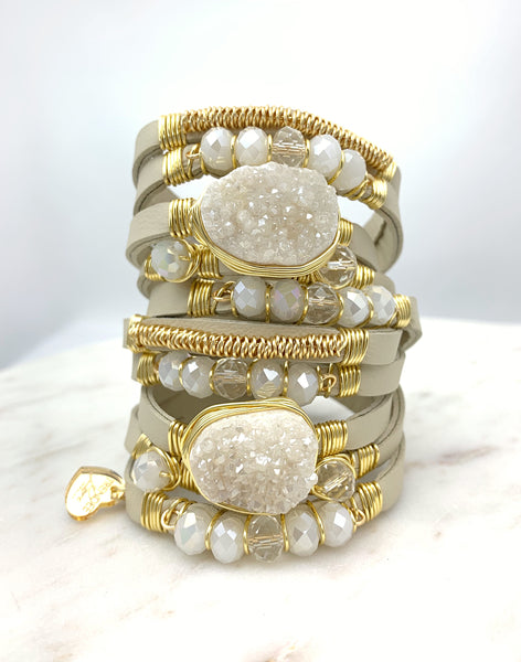 Maxi Wrap Leather Bracelet / Beige / White Druzy