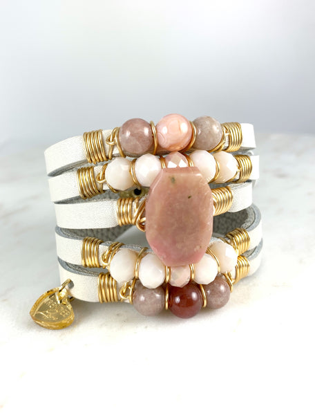 Maxi Cuff Leather / Pink Opal Stone