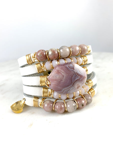 Maxi Cuff Leather / Mauve Agate / Gold Plated