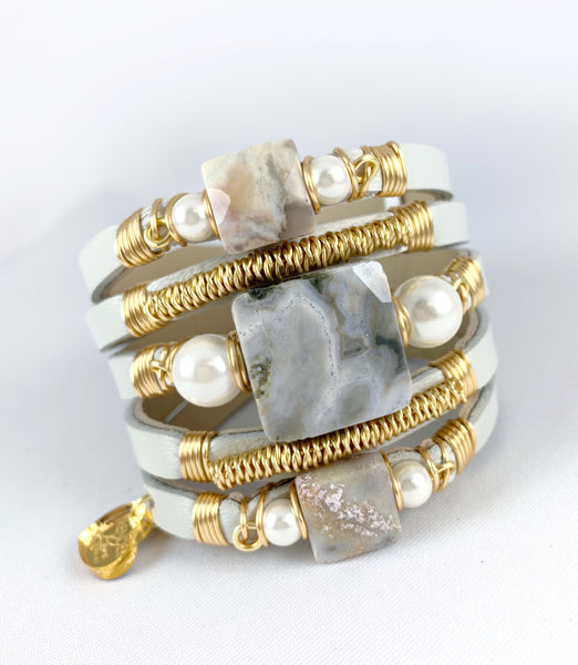 Maxi Cuff Leather / Grey Marbled Jasper
