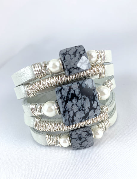 Maxi Cuff Leather / Grey Marble / Silver Plated