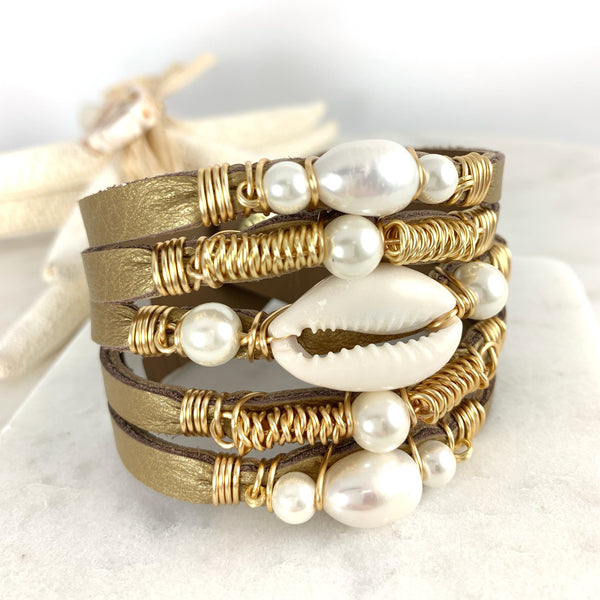Maxi Cuff Leather Bracelet / Gold Leather / Cowrie Shell & Pearls