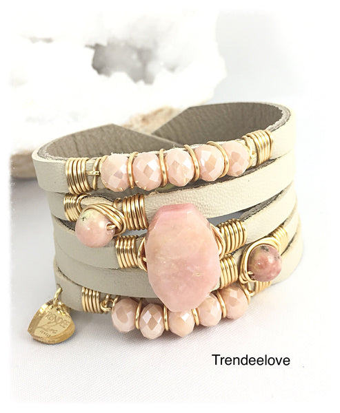 Maxi Cuff Leather / Pink Opal Stone / Gold Plated